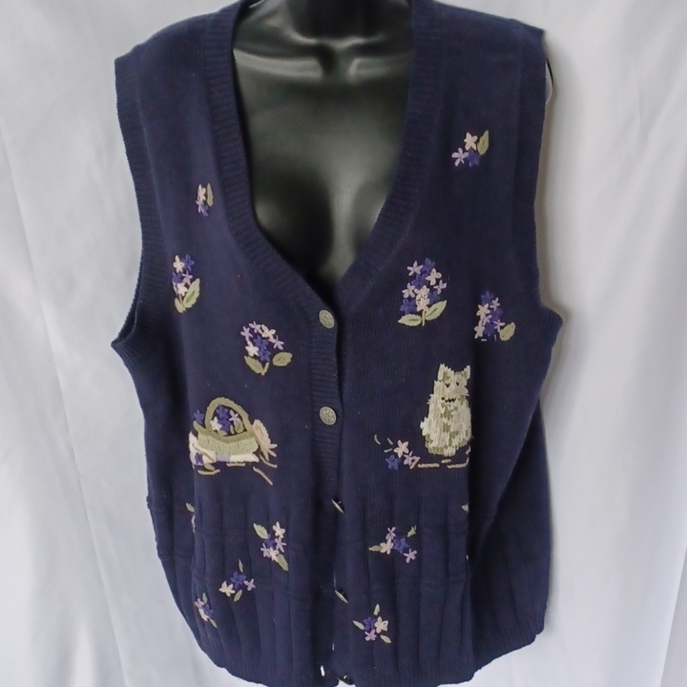 Vtg Northern Reflections Floral Kitty Knit Sweater Vest Embroidered Garden sz L